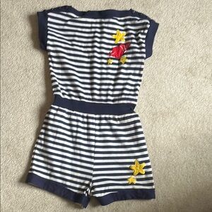 5/20🔴 Navy&White Striped Girls Kids Romper Snail Star Accents& shoulder buttons